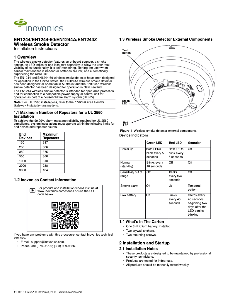 Page 1 de la notice Manuel utilisateur Inovonics EN1244