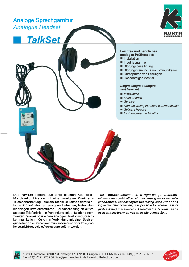 Page n°1 - Fiche technique Kurth Electronic TalkSet