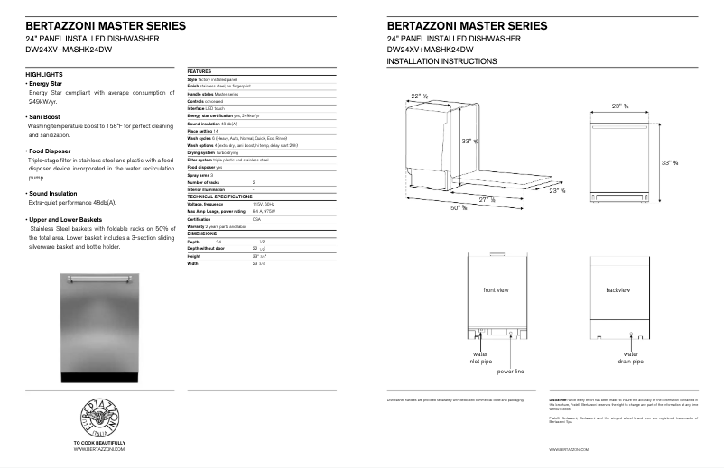 Page 1 de la notice Fiche technique Bertazzoni DW24V+MASHK24DW