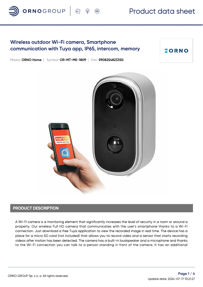 Page 1 de la notice Fiche technique ORNO OR-MT-ME-1809