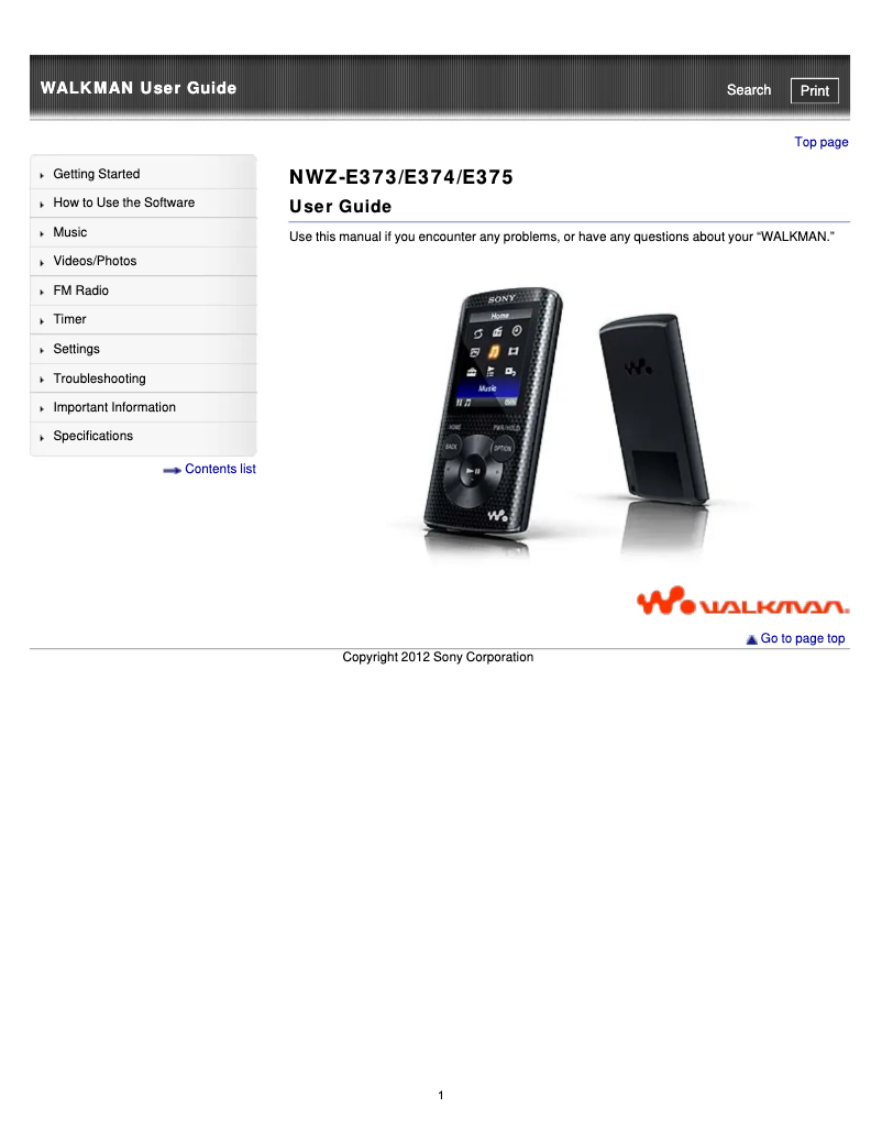 Image de la première page du manuel de l'appareil Walkman NWZ-E374