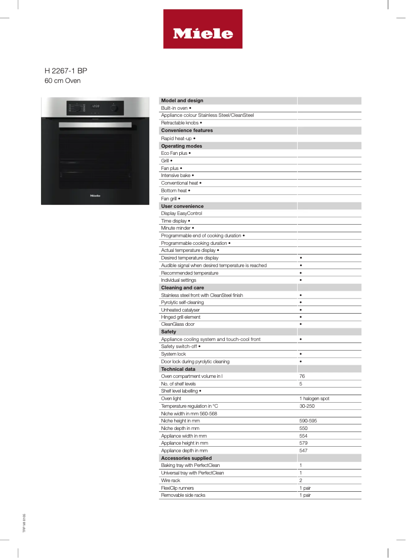 Page 1 de la notice Fiche technique Miele H 2267 BP Active