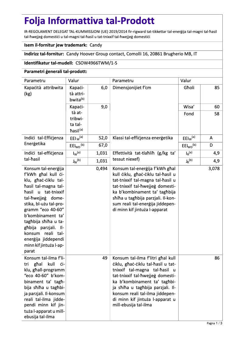 Page 1 de la notice Fiche technique Candy CSOW4966TWM/1-S