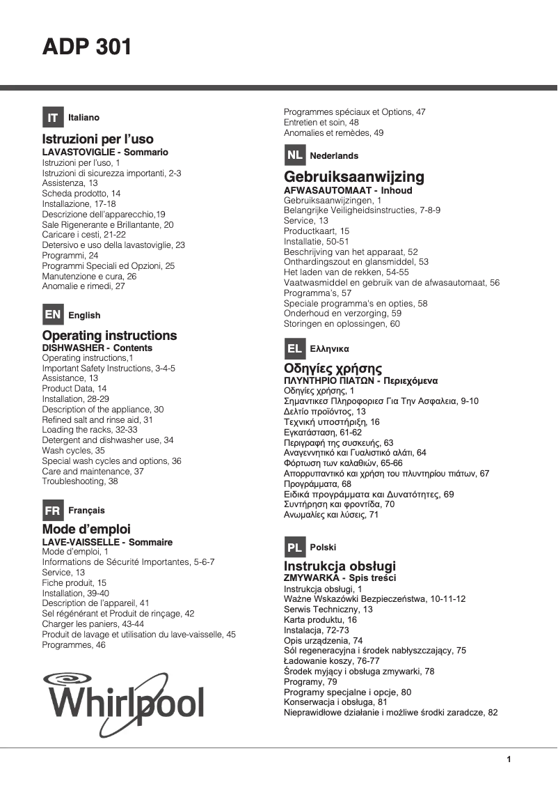 Page 1 de la notice Manuel utilisateur Whirlpool ADP 301