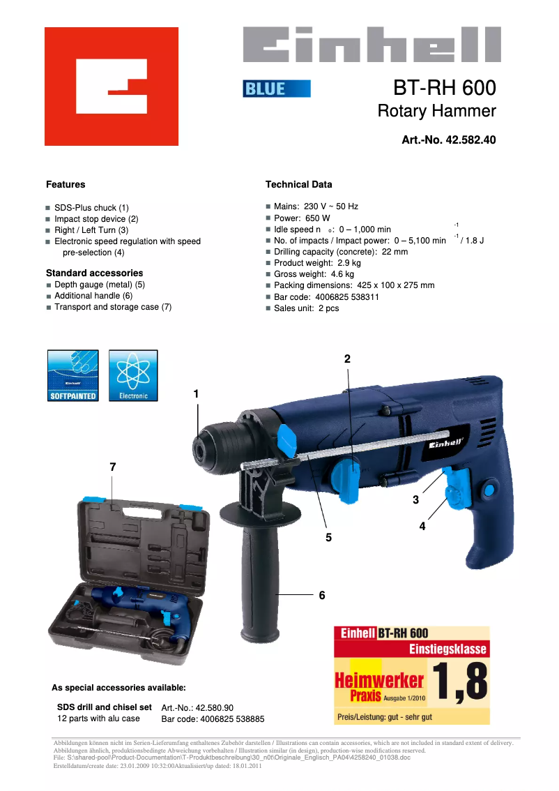 Page 1 de la notice Fiche technique Einhell BT-RH 600