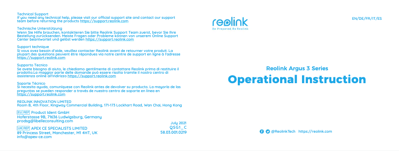 Page 1 de la notice Manuel utilisateur Reolink Argus 3 Pro