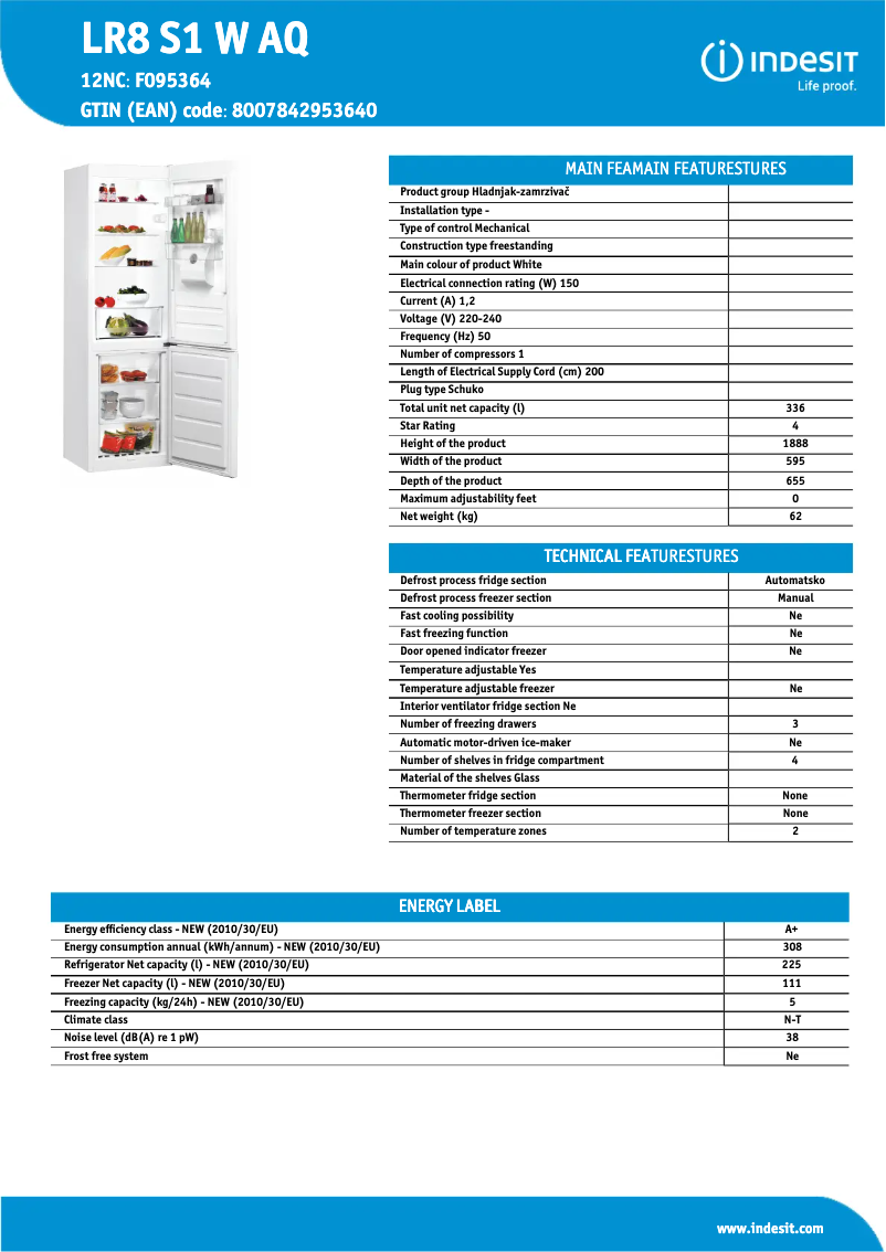 Page n°1 - Fiche technique Indesit LR8 S1 W AQ