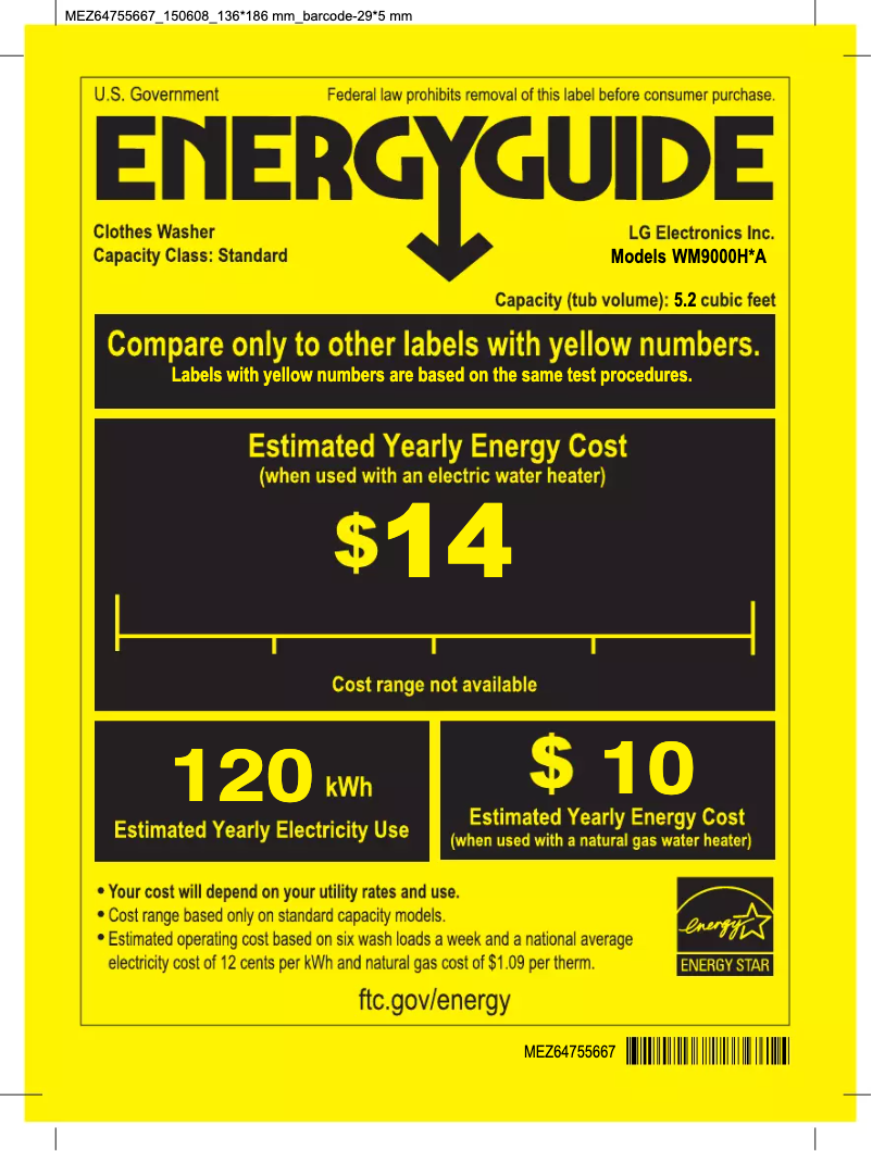 Page 1 de la notice Label énergétique LG WM9000HVA