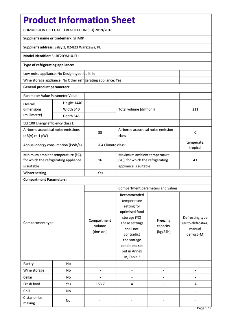 Image de la première page du manuel de l'appareil SJ-BE209M1X-EU