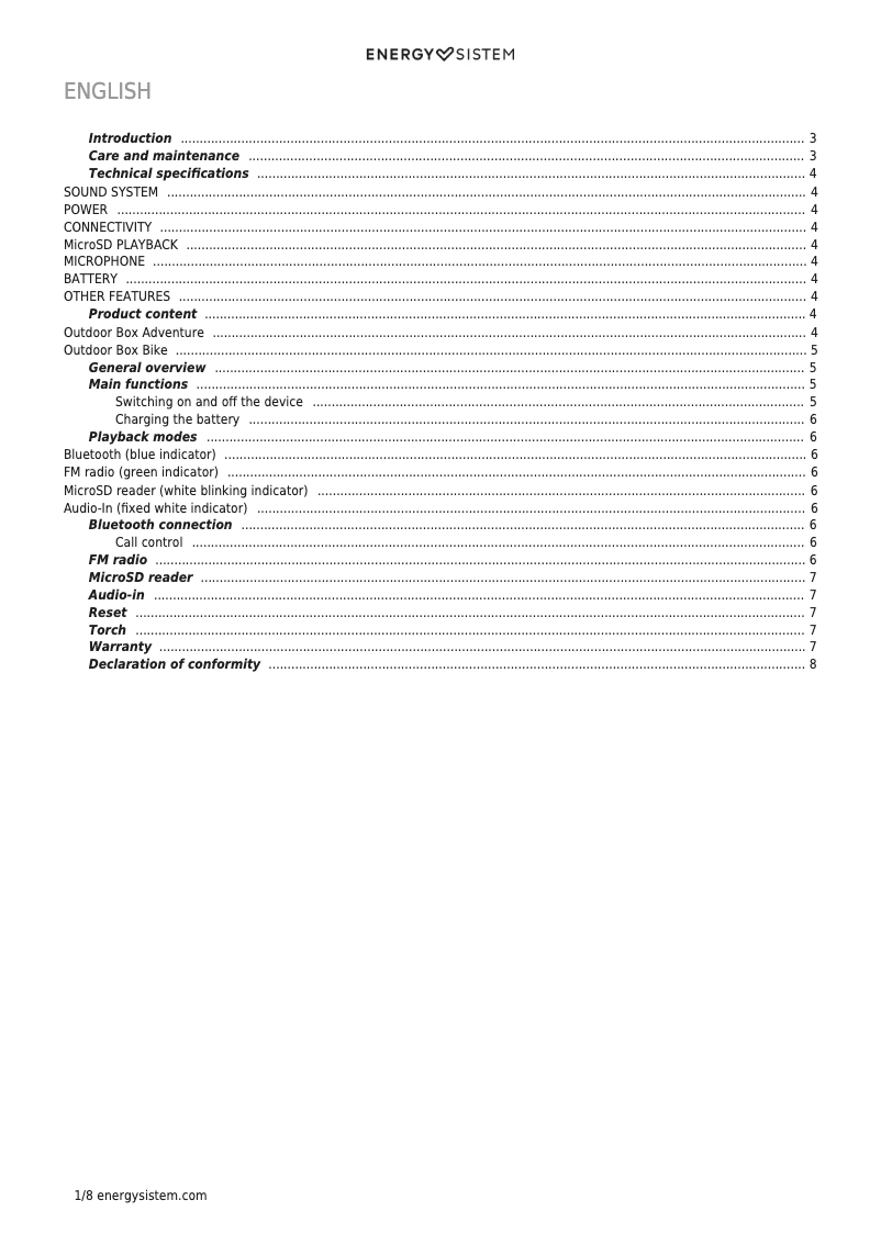 Page 1 de la notice Manuel utilisateur Energy Sistem Outdoor Box Bike