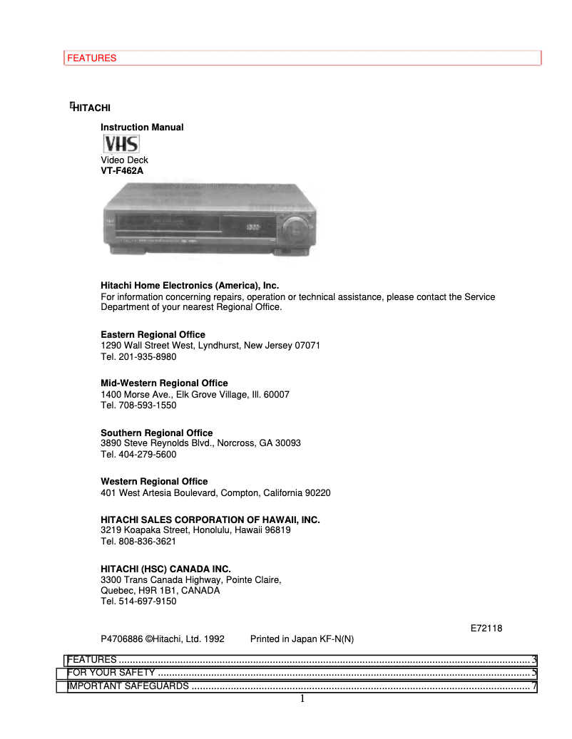 Image de la première page du manuel de l'appareil VT-F462A