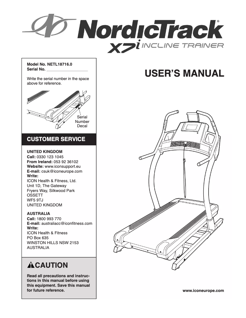 Page 1 de la notice Manuel utilisateur ProForm X7i Incline Trainer