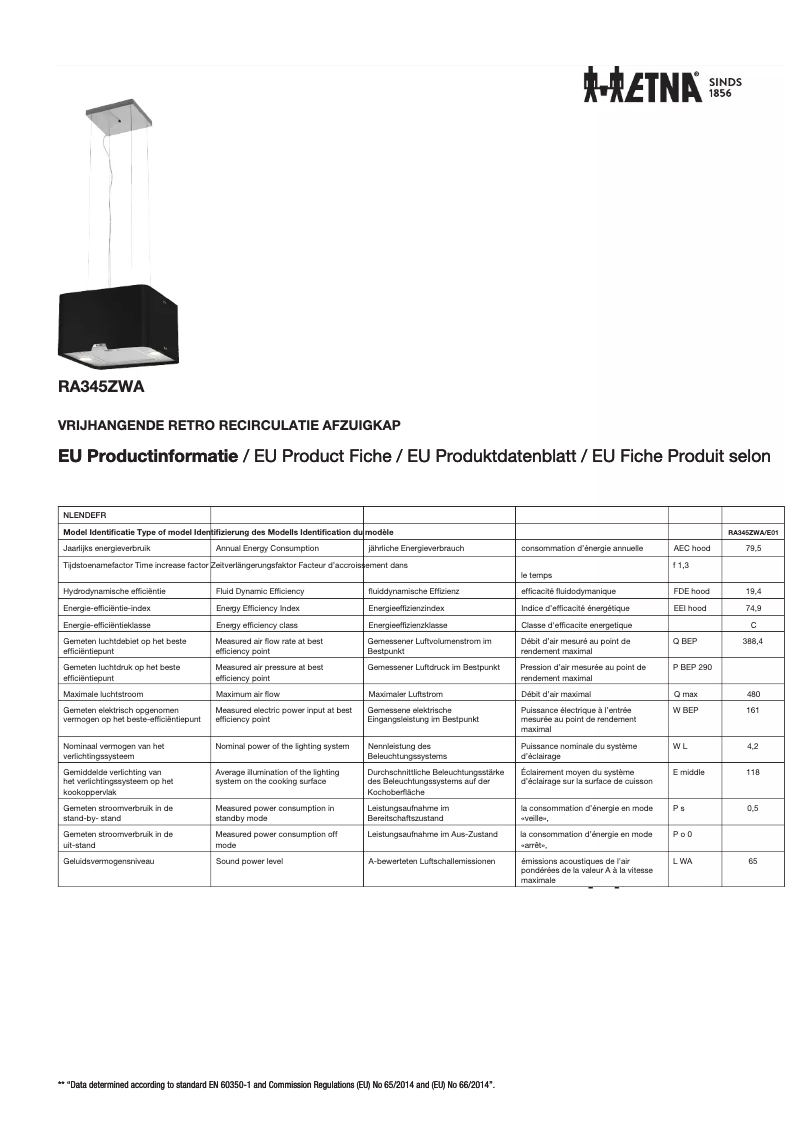 Page 1 de la notice Fiche technique Etna RA345ZWA