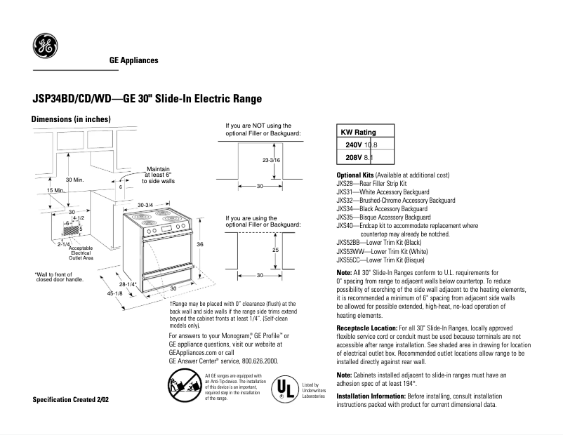 Page n°1 - Fiche technique GE JSP34BDBB