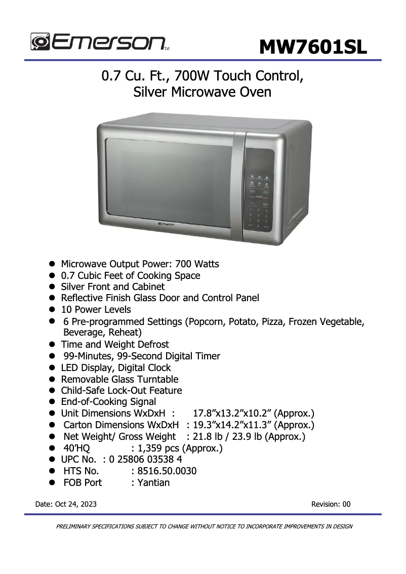 Page n°1 - Fiche technique Emerson MW7601SL