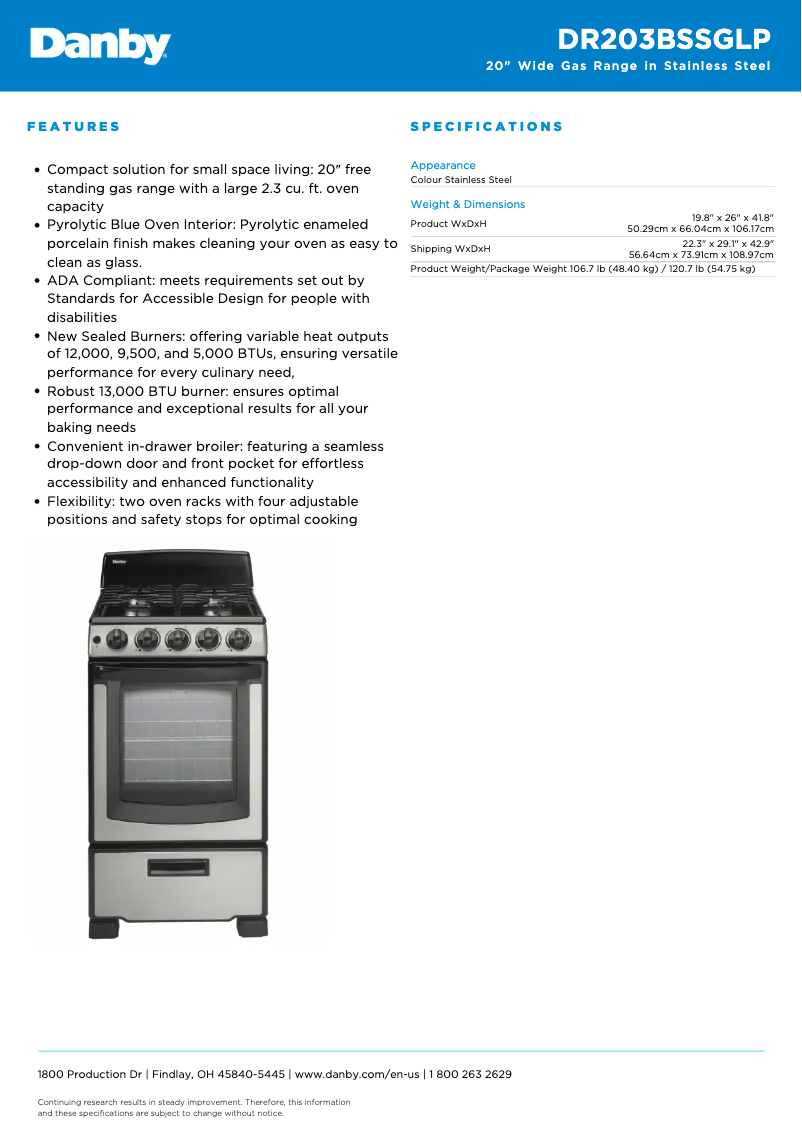 Page 1 de la notice Fiche technique Danby DR203BSSGLP