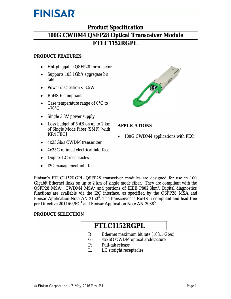 Page n°1 - Manuel utilisateur Finisar FTLC1152RGPL