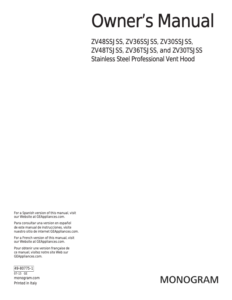 Image de la première page du manuel de l'appareil ZV36SSJSS