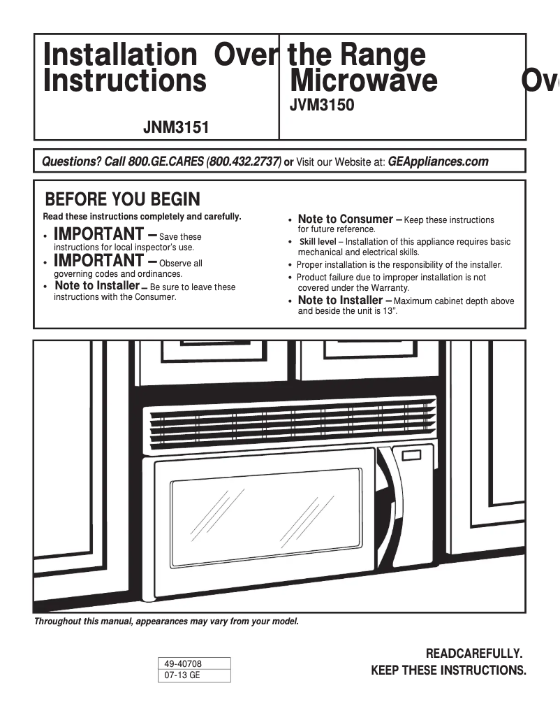 Page 1 of the manual Installation Guide GE JNM3151RFSS