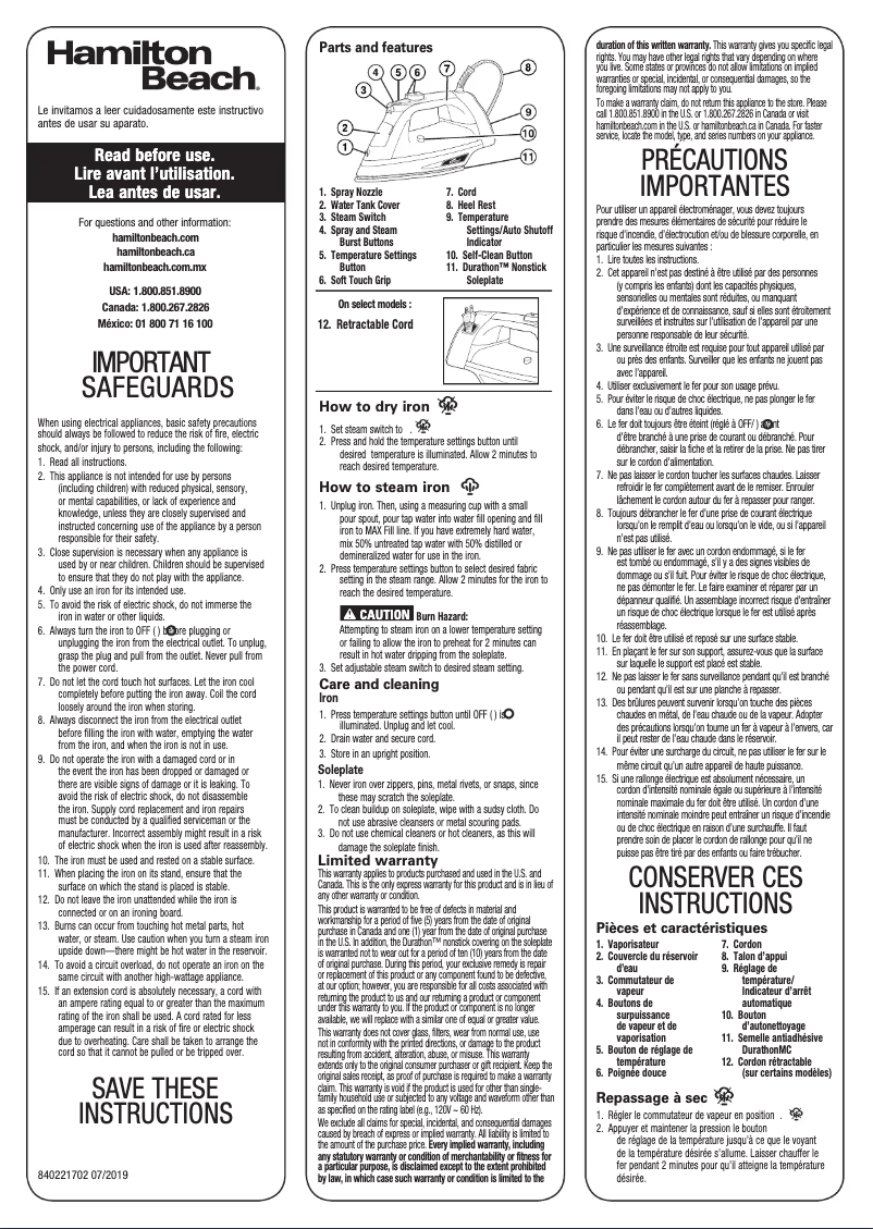 Page 1 de la notice Manuel utilisateur Hamilton Beach Durathon 19804