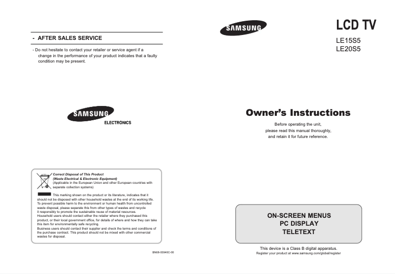 Page 1 de la notice Manuel utilisateur Samsung LE20S51BP