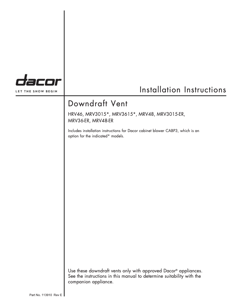 Page 1 de la notice Guide d'installation Dacor MRV48M
