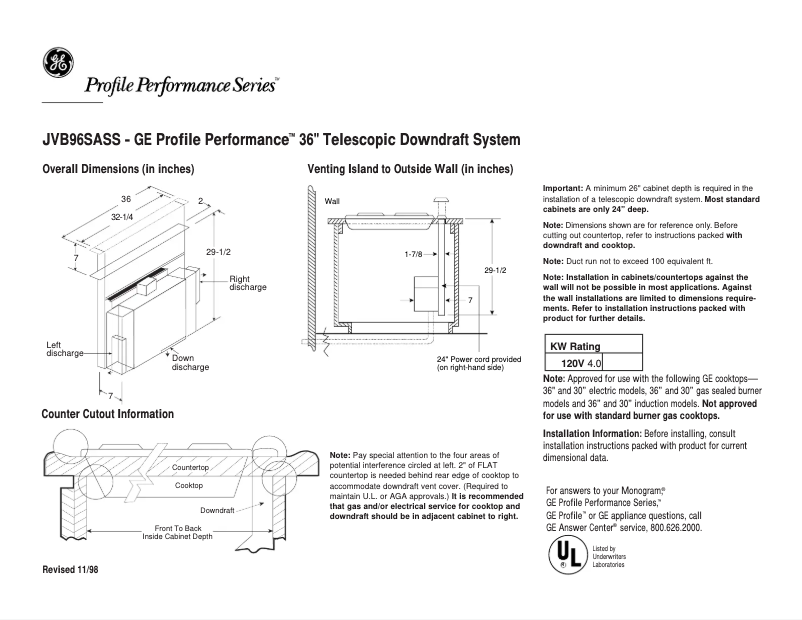 Page 1 de la notice Fiche technique GE Profile JVB96SASS