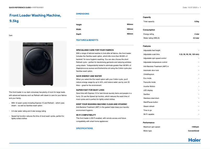 Image de la première page du manuel de l'appareil HWF95ANB1