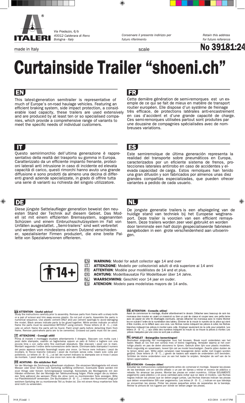 Page 1 de la notice Manuel utilisateur Italeri Curtainside Trailer "shoeni.ch"