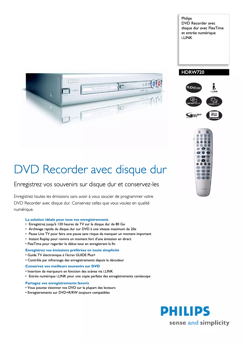 Page 1 de la notice Fiche technique Philips HDRW720