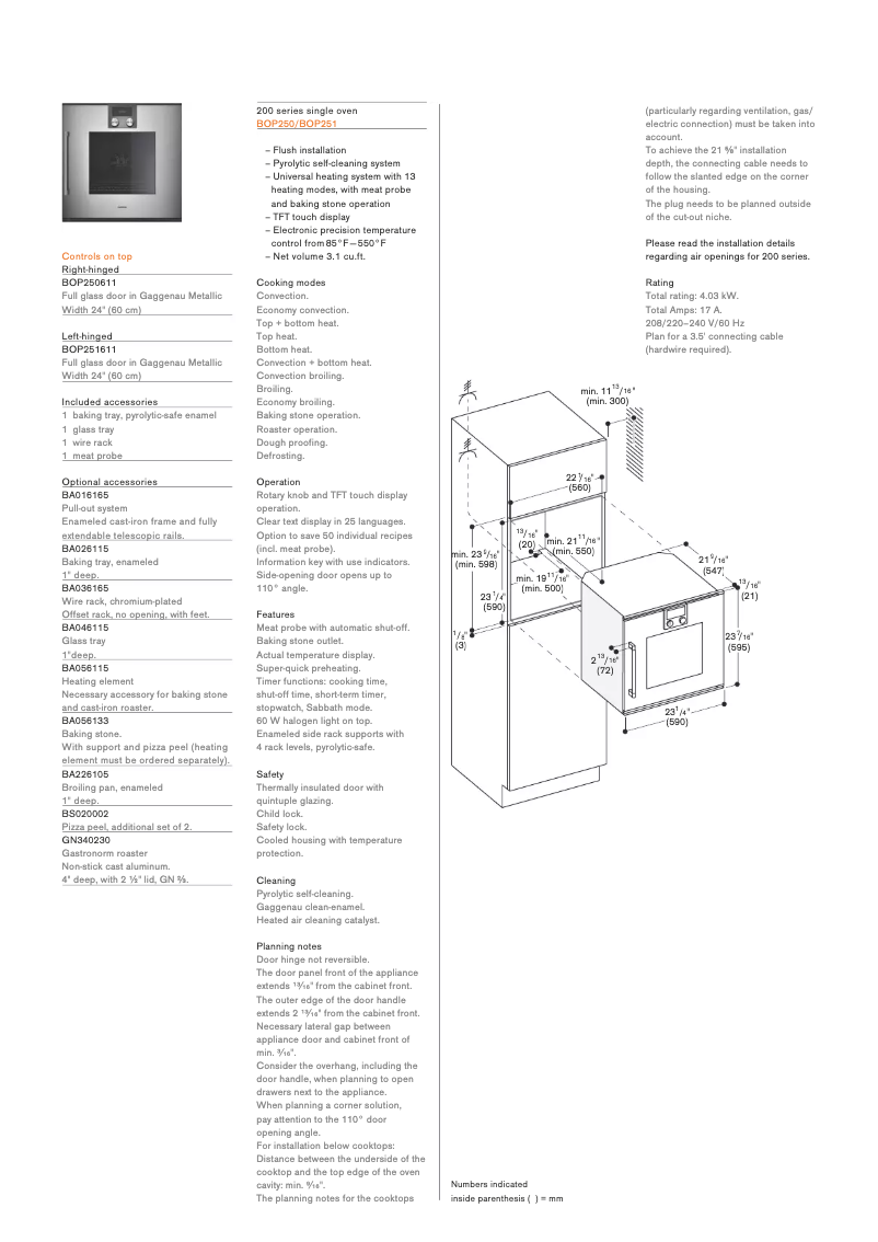 Page 1 de la notice Fiche technique Gaggenau BOP251611