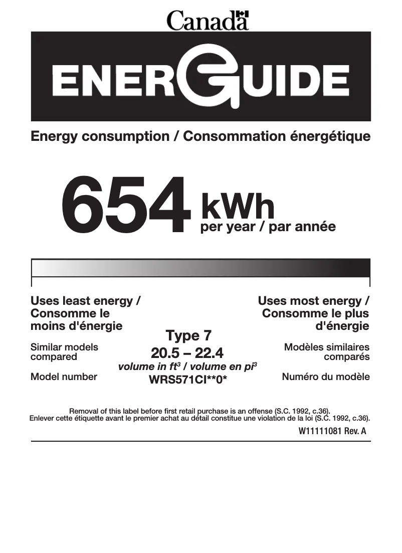 Page 1 de la notice Label énergétique Whirlpool WRSA71CIHZ