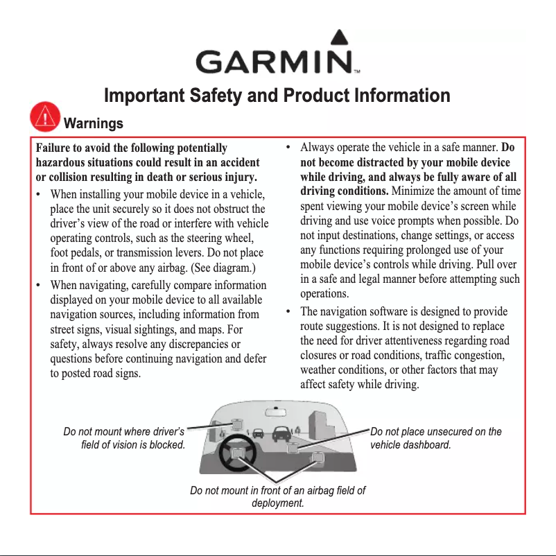 Page n°1 - Instructions de sécurité Garmin Mobile 10