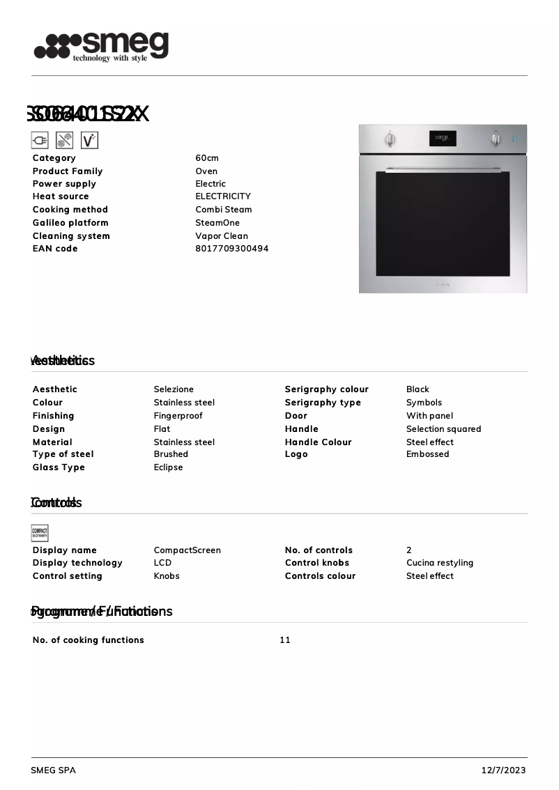 Page 1 de la notice Fiche technique Smeg SO6401S2X