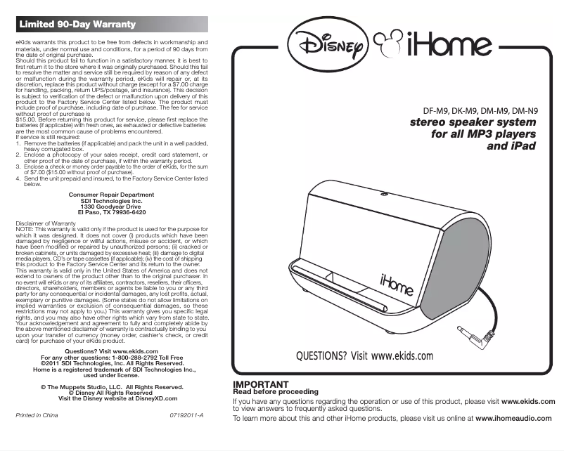 Page 1 de la notice Manuel utilisateur KIDdesigns DK-M9