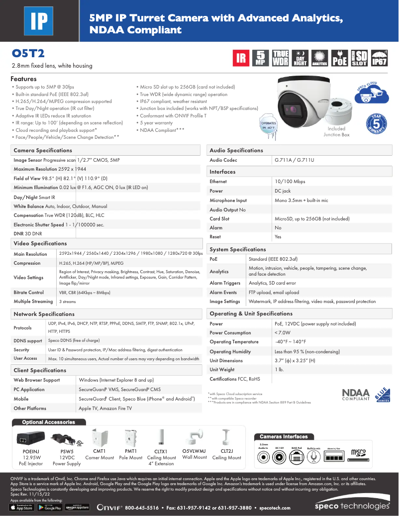 Page 1 de la notice Fiche technique Speco Technologies O5T2