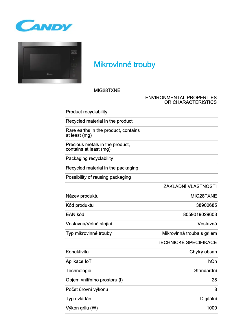 Page 1 de la notice Fiche technique Candy MIG28TXNE