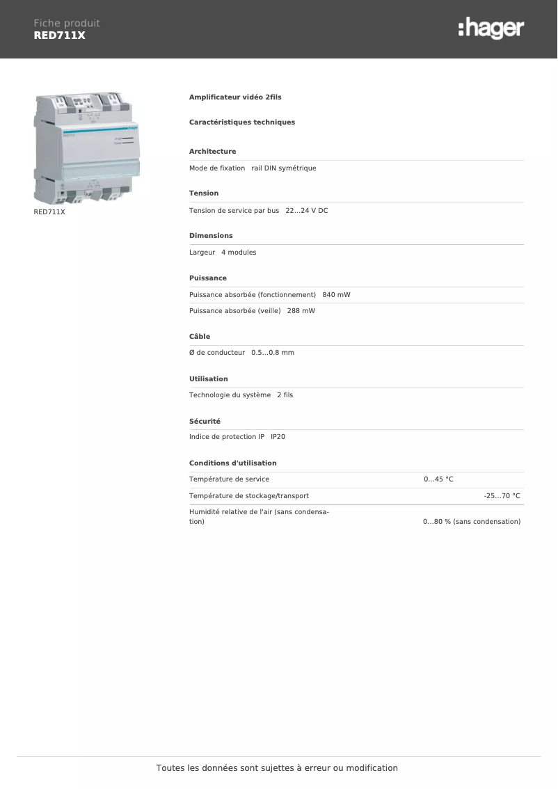Página 1 del manual Ficha técnica Hager RED711X