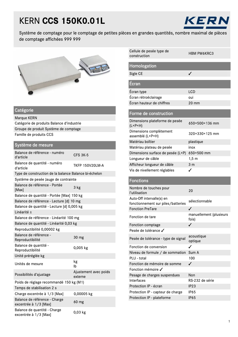 Page n°1 - Fiche technique Kern CCS 150K0.01L