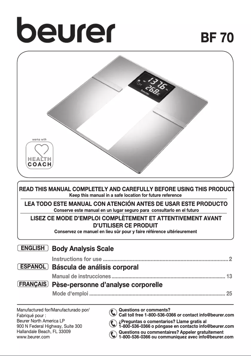 Page 1 de la notice Manuel utilisateur Beurer BF 70