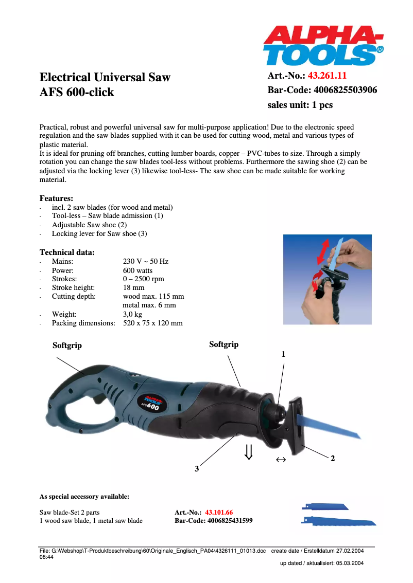 Page 1 de la notice Fiche technique Alpha Tools AFS 600