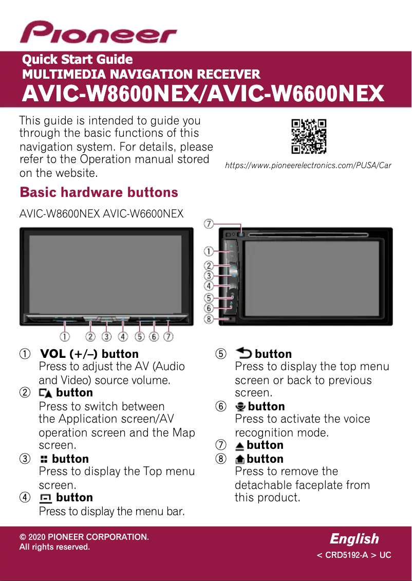 Image de la première page du manuel de l'appareil AVIC-W8600NEX