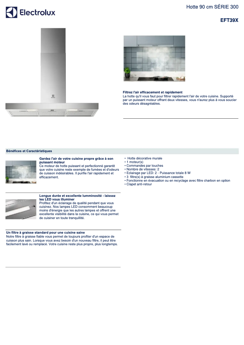 Page 1 de la notice Fiche technique Electrolux EFT39X