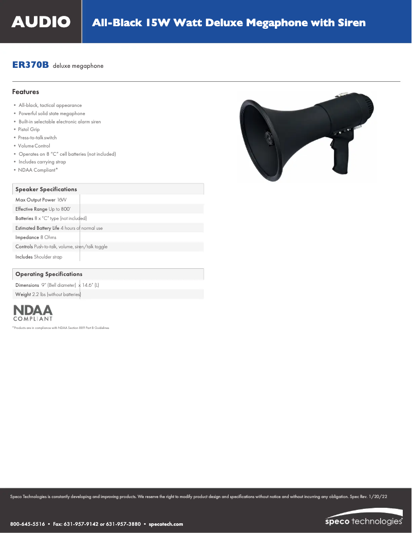 Page n°1 - Fiche technique Speco Technologies ER370B