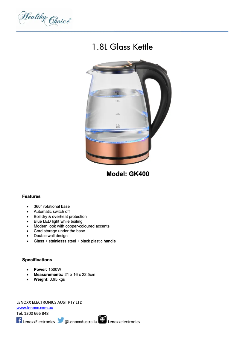 Page n°1 - Fiche technique Healthy Choice GK400