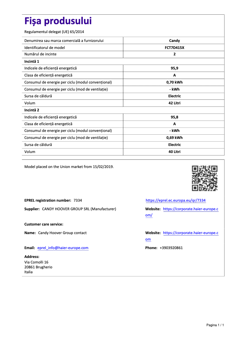 Page 1 de la notice Manuel utilisateur Candy FCT7D415X