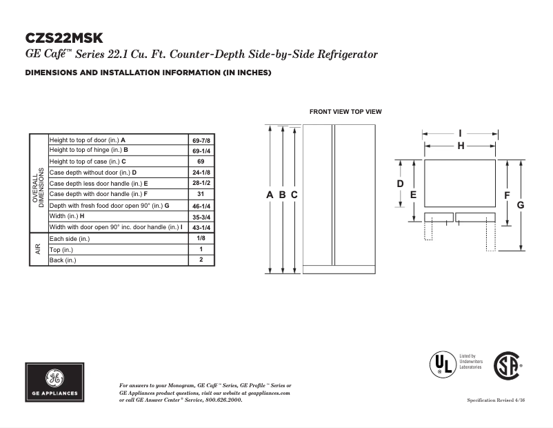Page n°1 - Fiche technique GE Café CZS22MSKSS