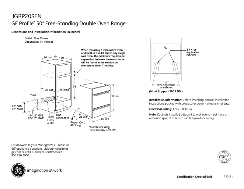 Page 1 of the manual Technical Sheet GE JGRP20SENSS