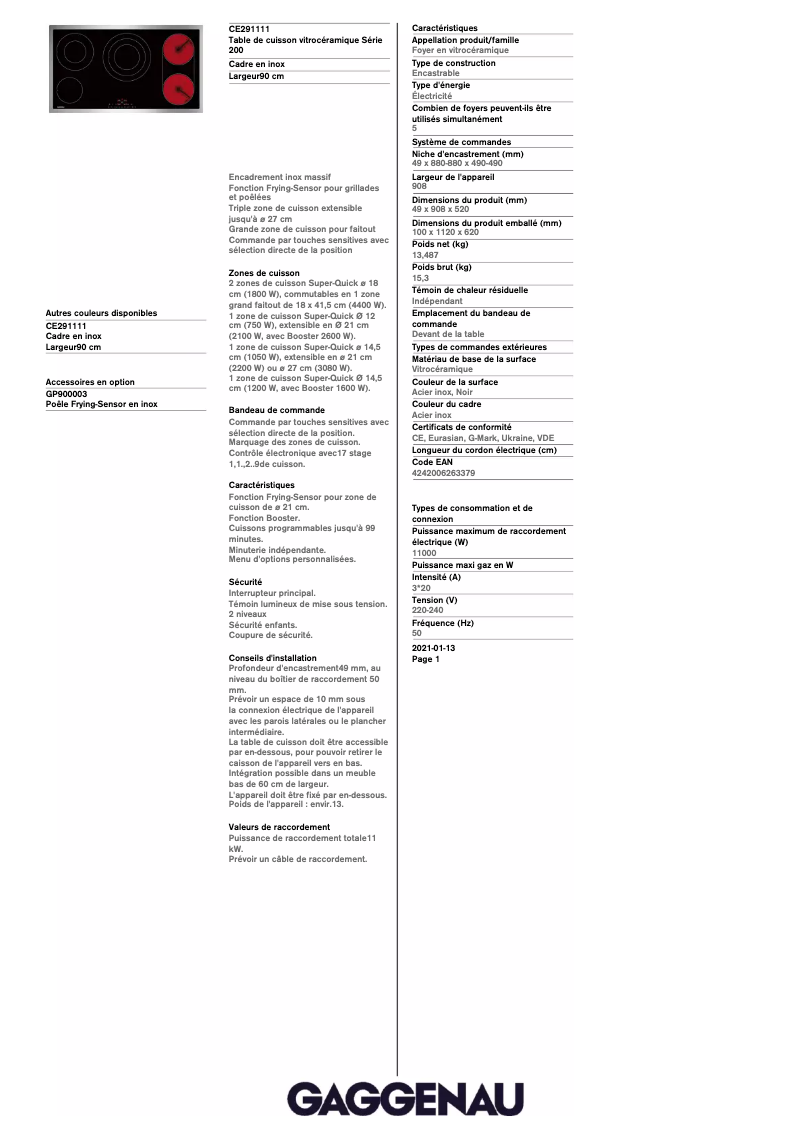 Page 1 de la notice Fiche technique Gaggenau CE291111