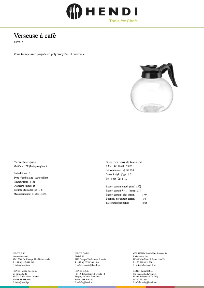 Page 1 de la notice Fiche technique Hendi 445907
